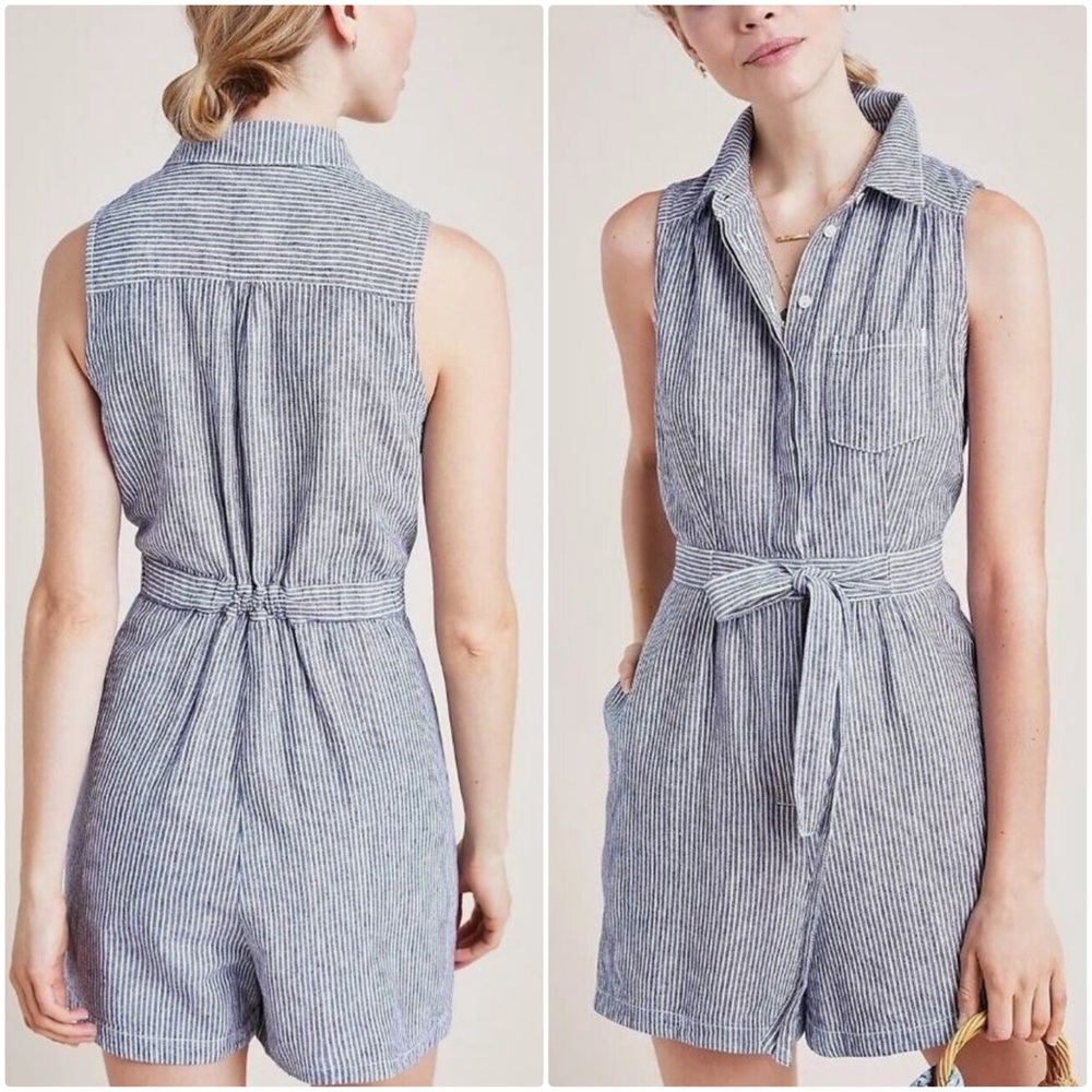 By Anthropologie Sleeveless Linen Blend Railroad Stripe Collared Romper
